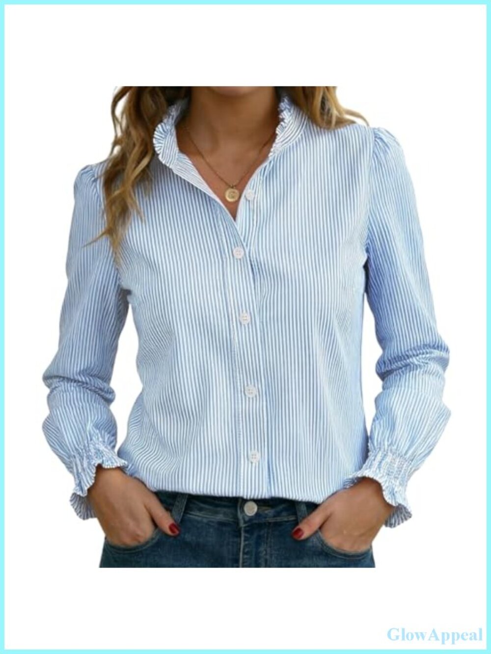 Women's Striped Long Sleeve Button Down Shirt Ruffle Collar Smocked Cuff Blouse